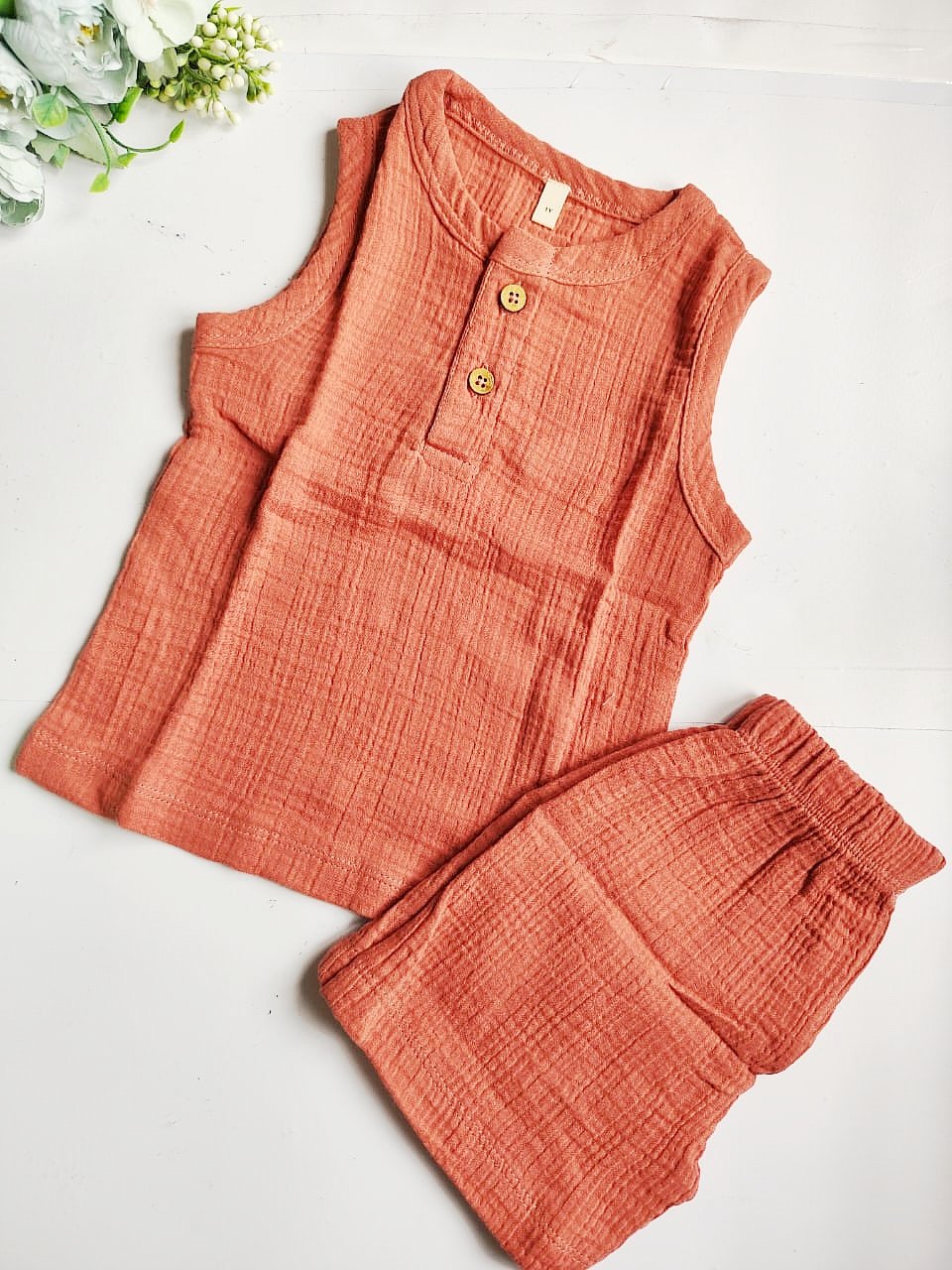 Muslin Unisex Sleeveless Co Ord Set - Rust Orange - 1 Y image