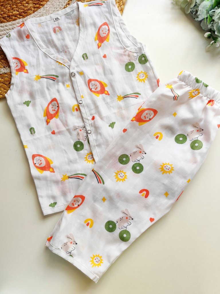 Sleeveless Co Ord Set - White Rocket Bunny Print