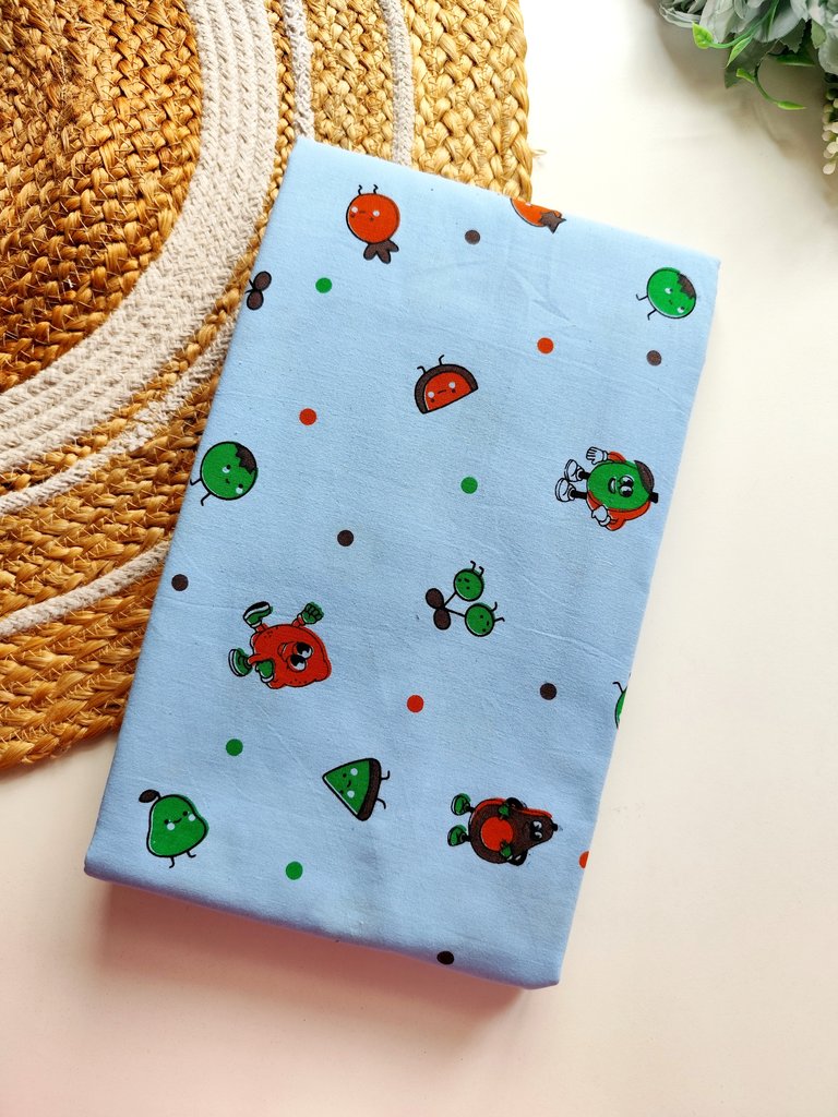 Cotton Thottil 3 1/2 M- Light Blue Cartoon Fruit Characters
