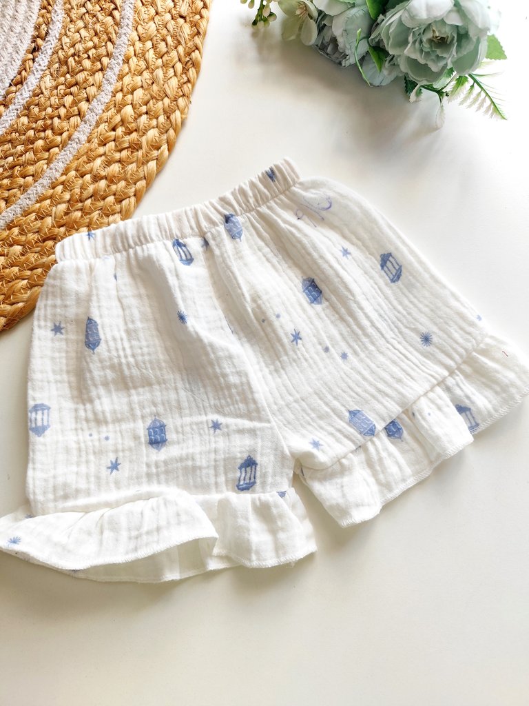 Muslin Girl Frill Trousers- White with Blue Lantern & Star Print