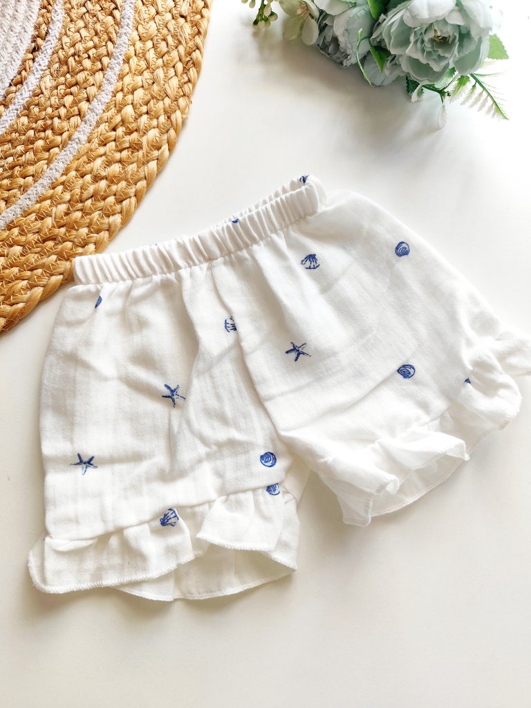 Muslin Girl Frill Trousers- Seashell & Starfish