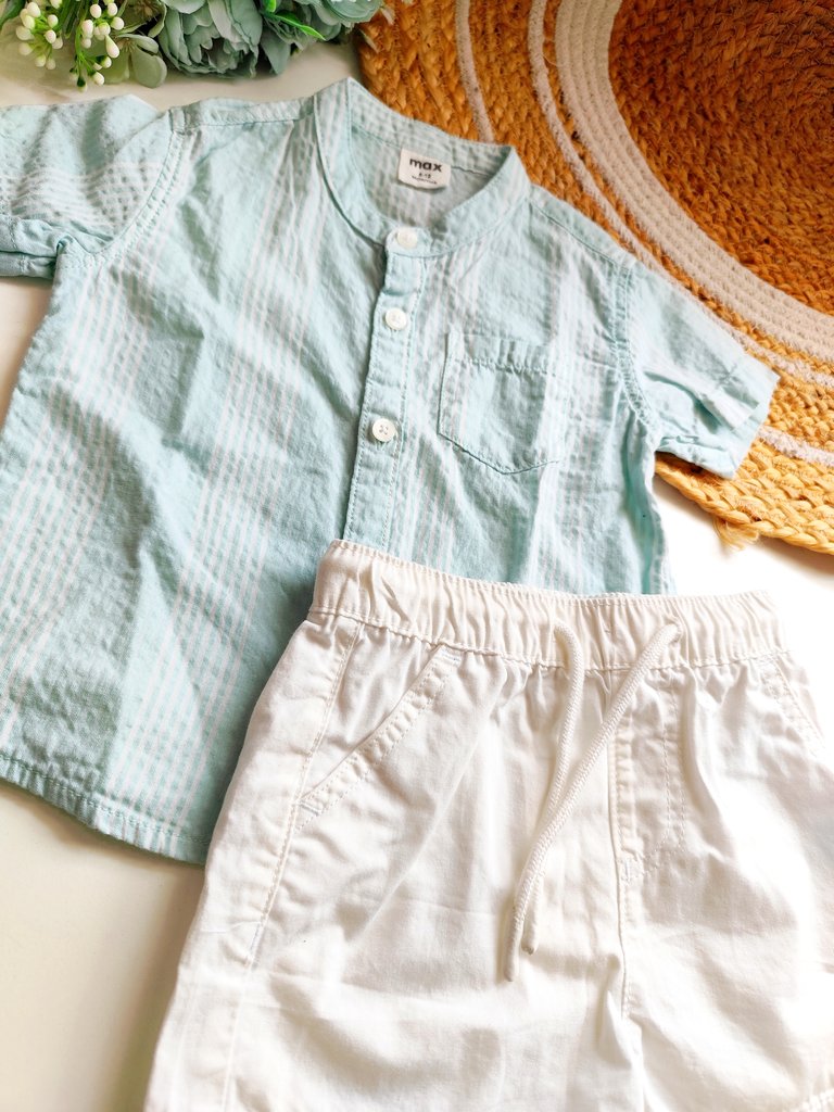 Max Brand Mandarin Collar sets - Mint Green Stripes