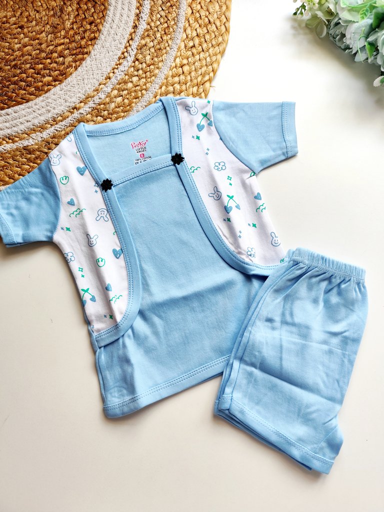 Tops and Bottom Sets- Light Blue with Cute Animal & Fruit Print