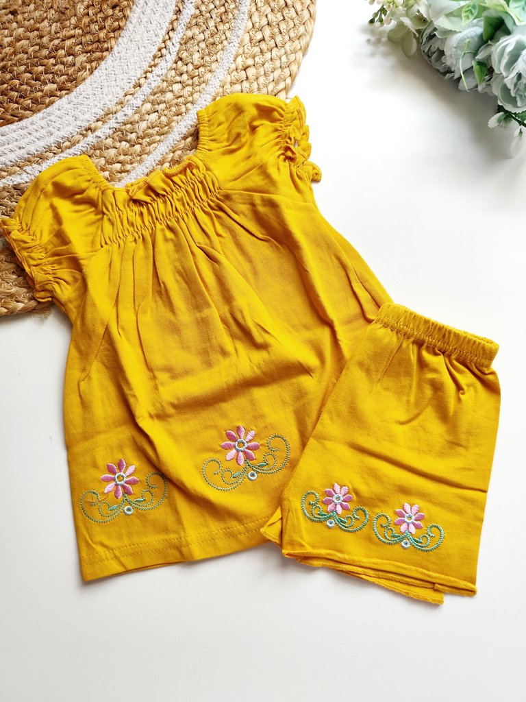 Tops and Bottom Sets- Mustard Yellow Floral Embroidery