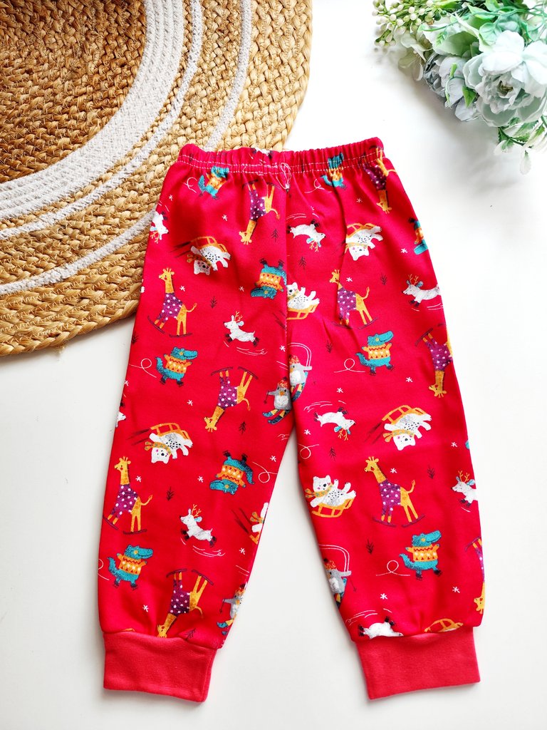 Hosiery Cotton Pant- Red Winter Animal Play
