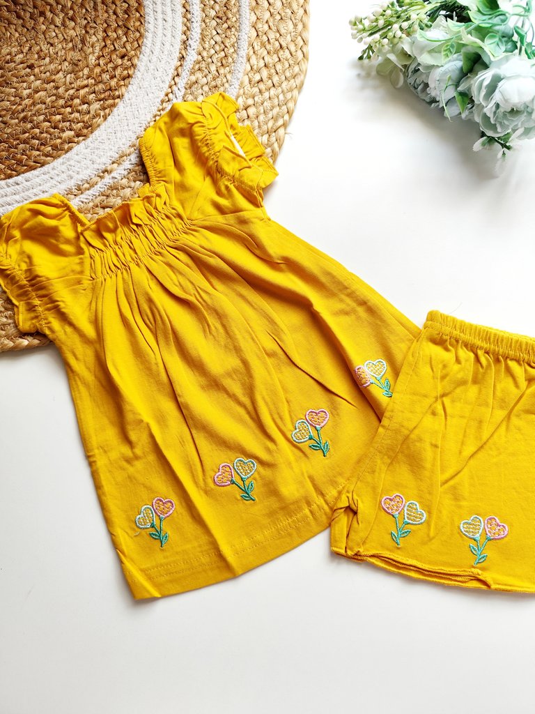 Top and bottom sets- Yellow with Embroidered Heart Flowers