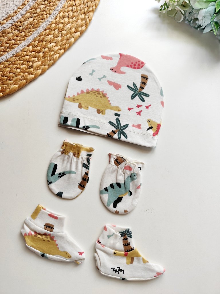 Cap Mittens Booties Set- Dinosaur Print