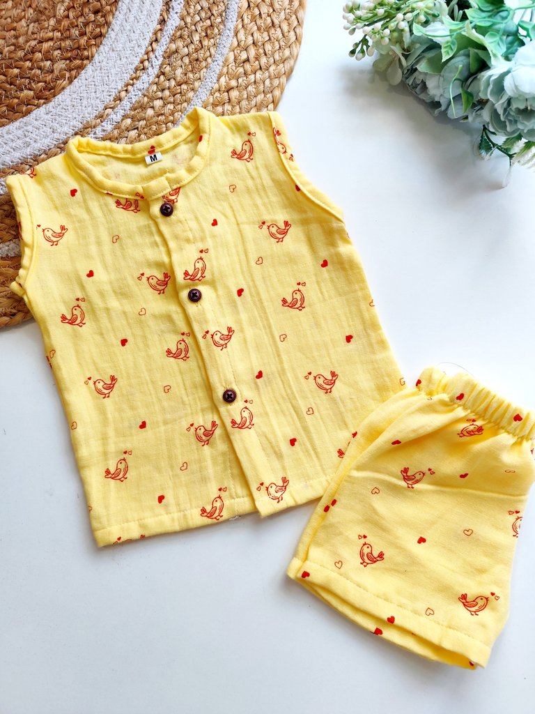 Muslin Sleeveless Co ord- Yellow Bird Print