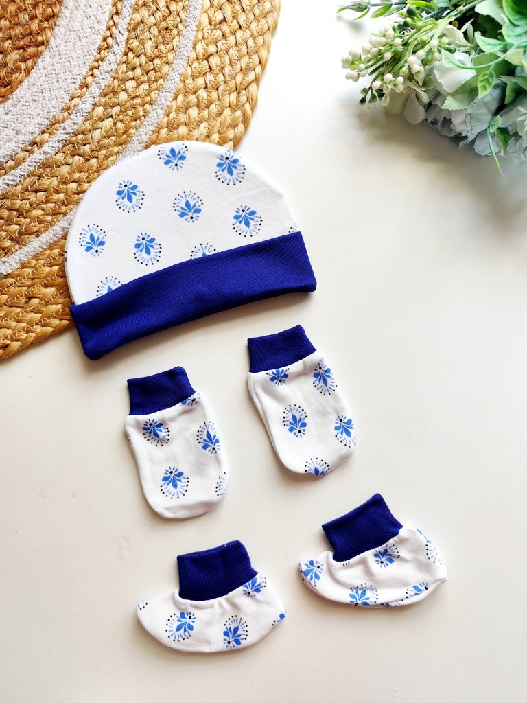 Cap Mitten Booties Set- Royal Blue Floral Print