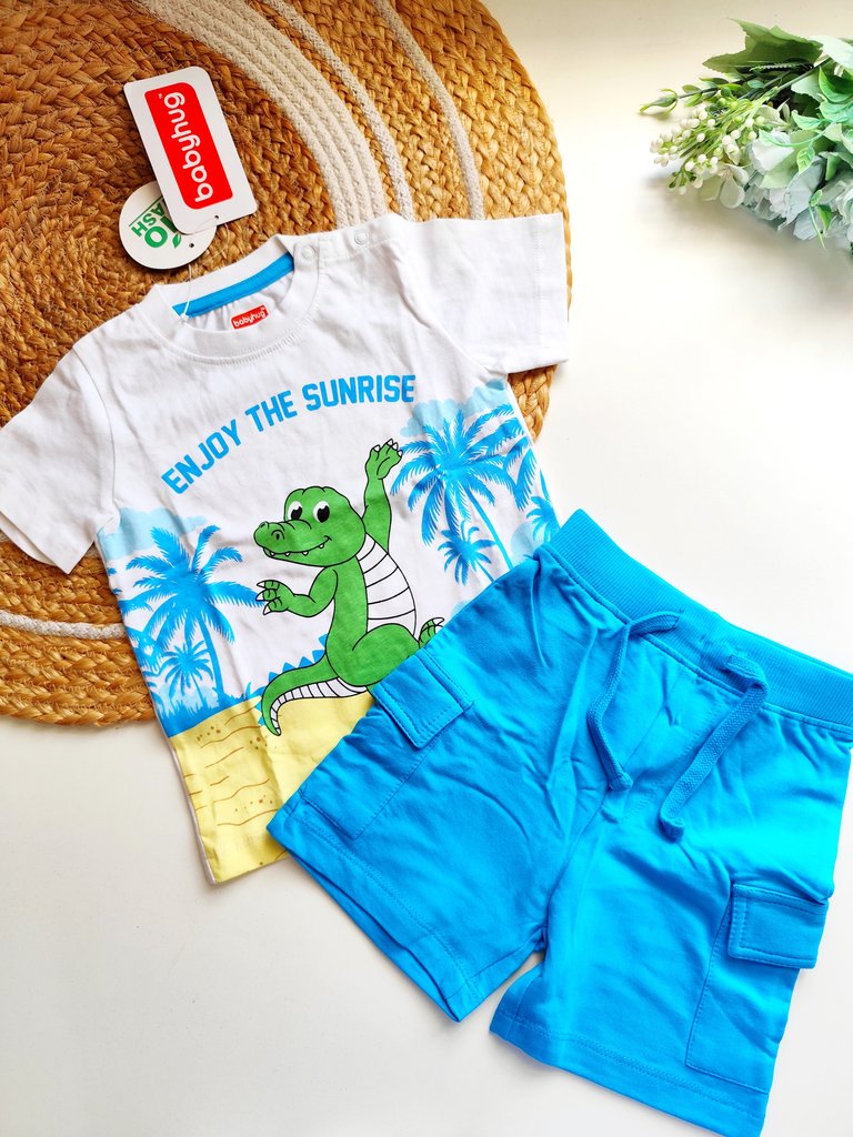 Co ords- White and Cyan Blue Tropical Crocodile Print