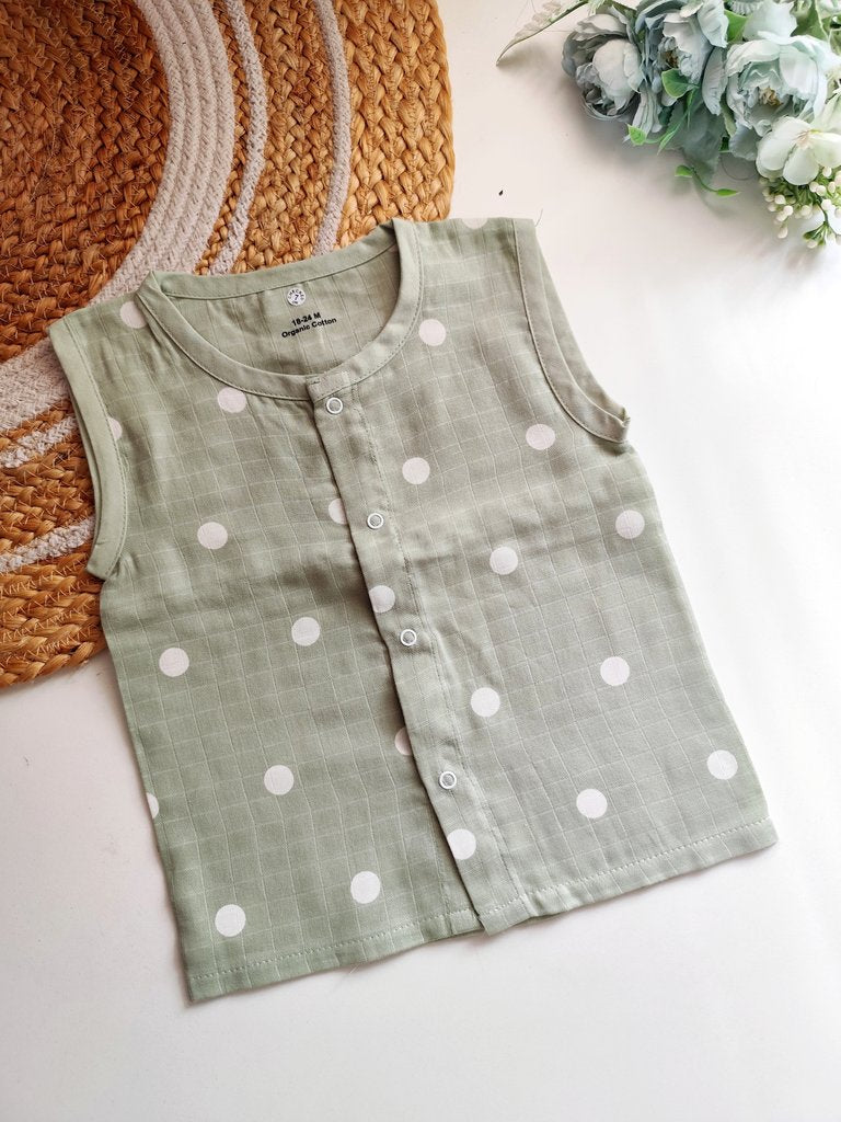 Coloured Muslin Jablas - Sage Green Polka Dots
