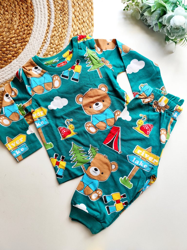 Co ord sets- Teal Green Camping Bear Print