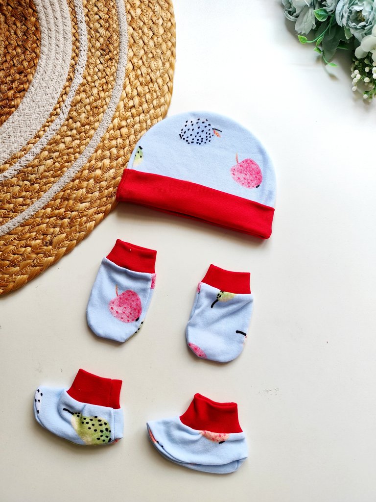 Cap Mitten Booties- Light Blue Fruit Print