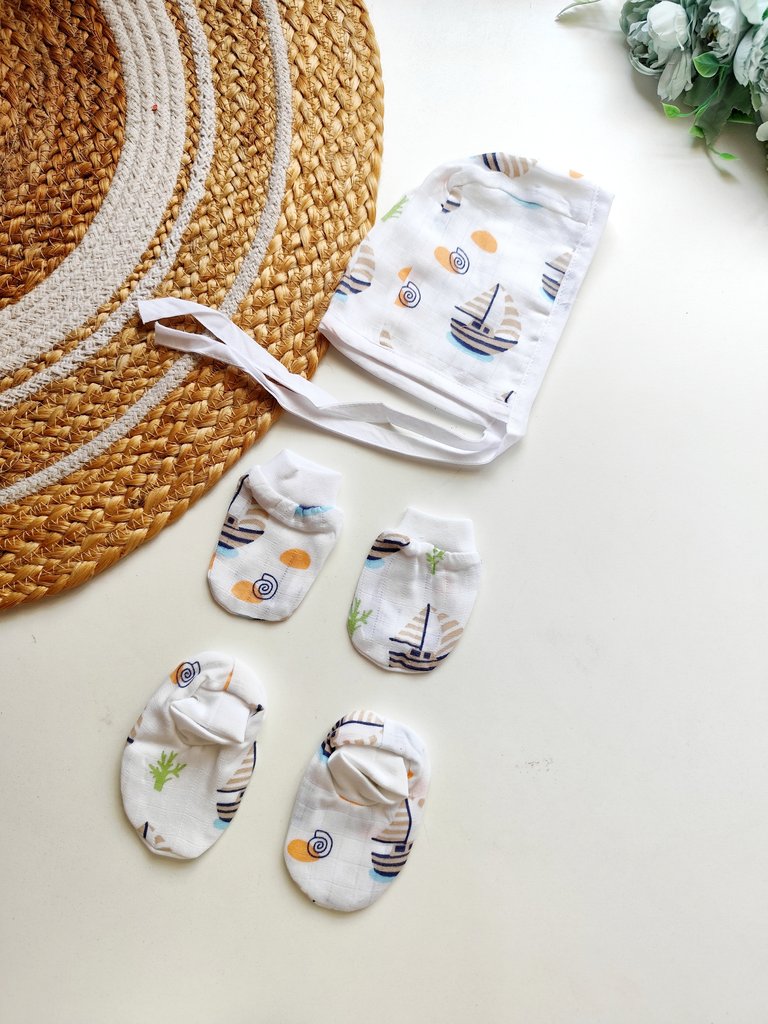 Cap Mitten Booties- Sailboat Print