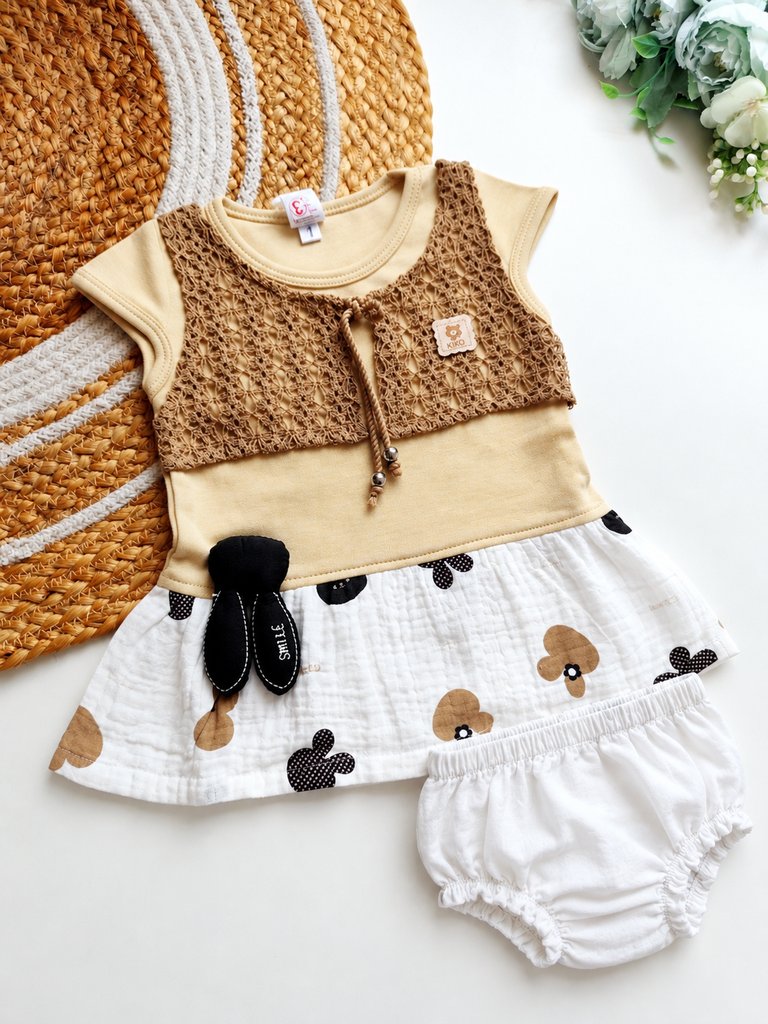 Frocks with bloomers- Beige and White Print