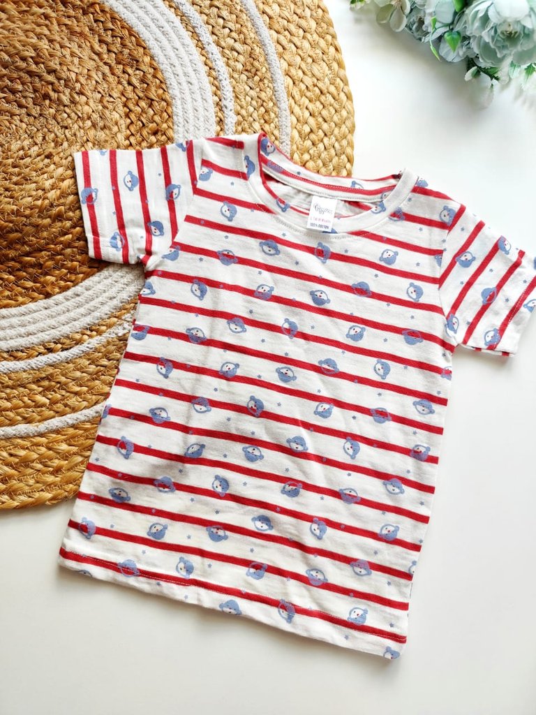 Kids Cotton tops - Red Stripe with Blue Planet Print