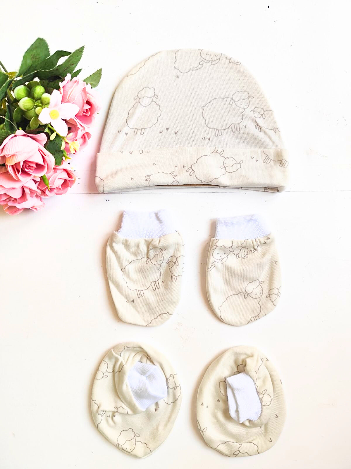 Cotton Cap, Mittens & Booties Set - Sheep Print (0 - 6 Months) image 0