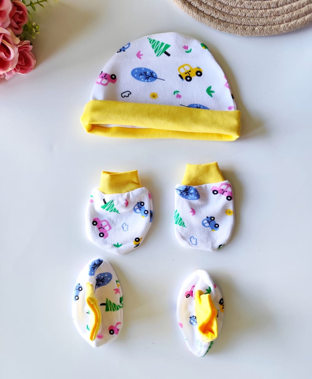 Cotton Cap, Mittens & Booties - Yellow Car