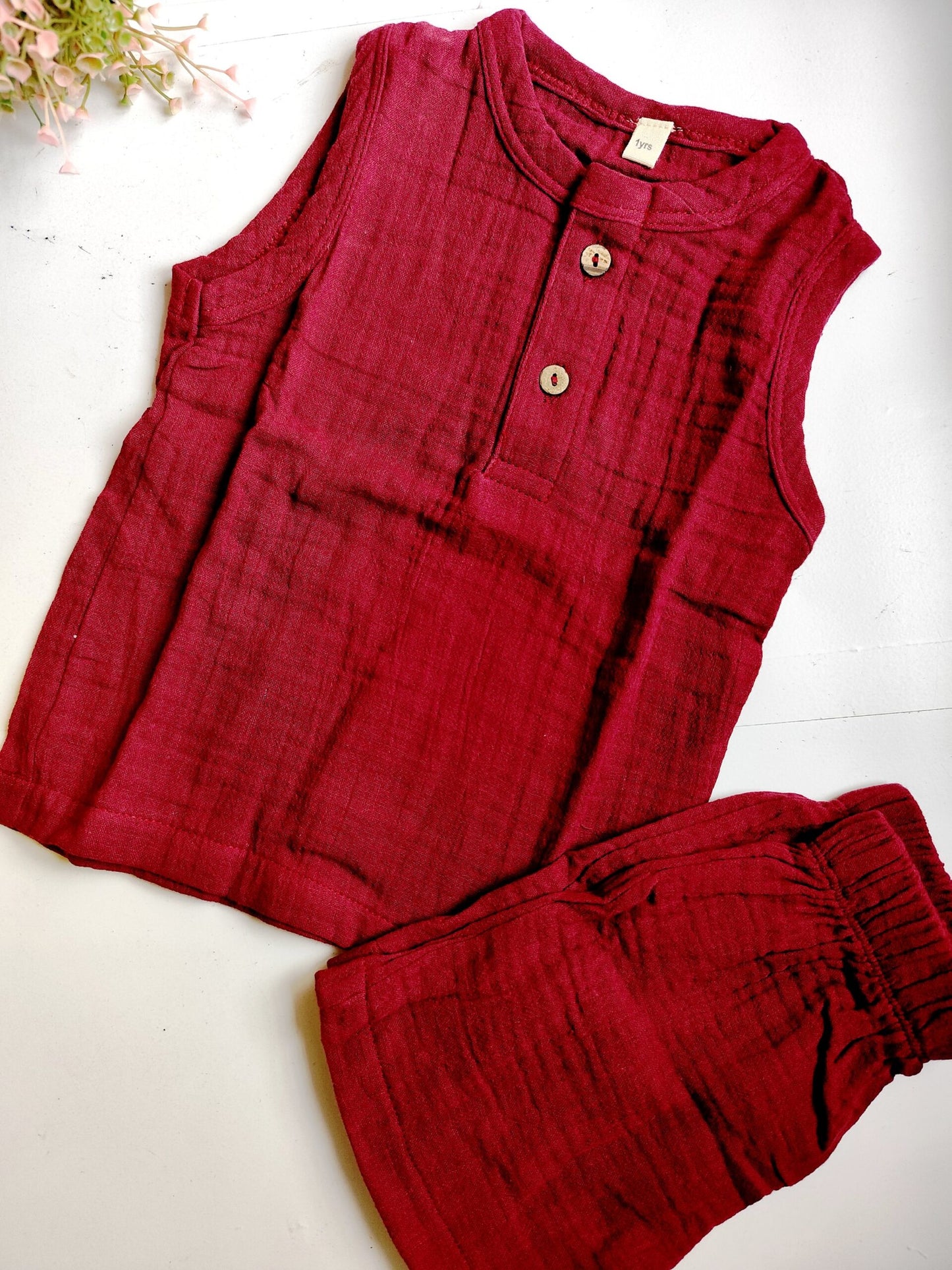 Muslin Unisex Sleeveless Co Ord Set - Maroon - 2 Y image