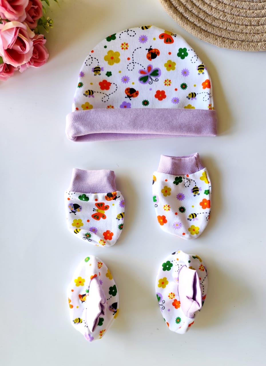 Cotton Cap, Mittens & Booties - Pink Garden