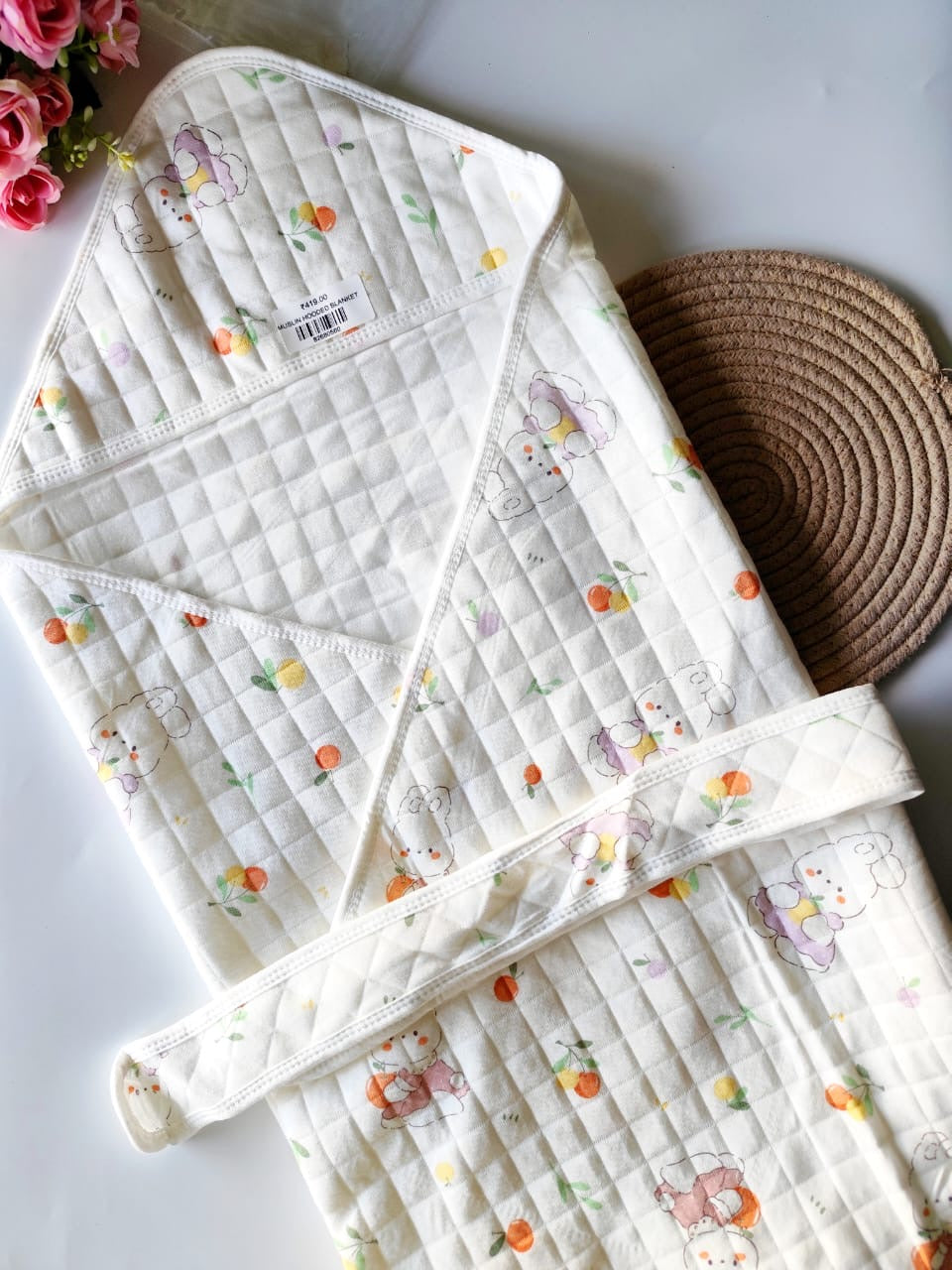White Quilted Muslin Printed Blanket/Hooded Wrapper - Random Print