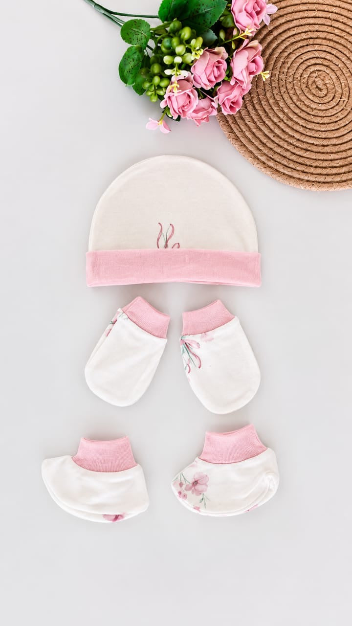 Cotton Cap, Mittens & Booties - Pink