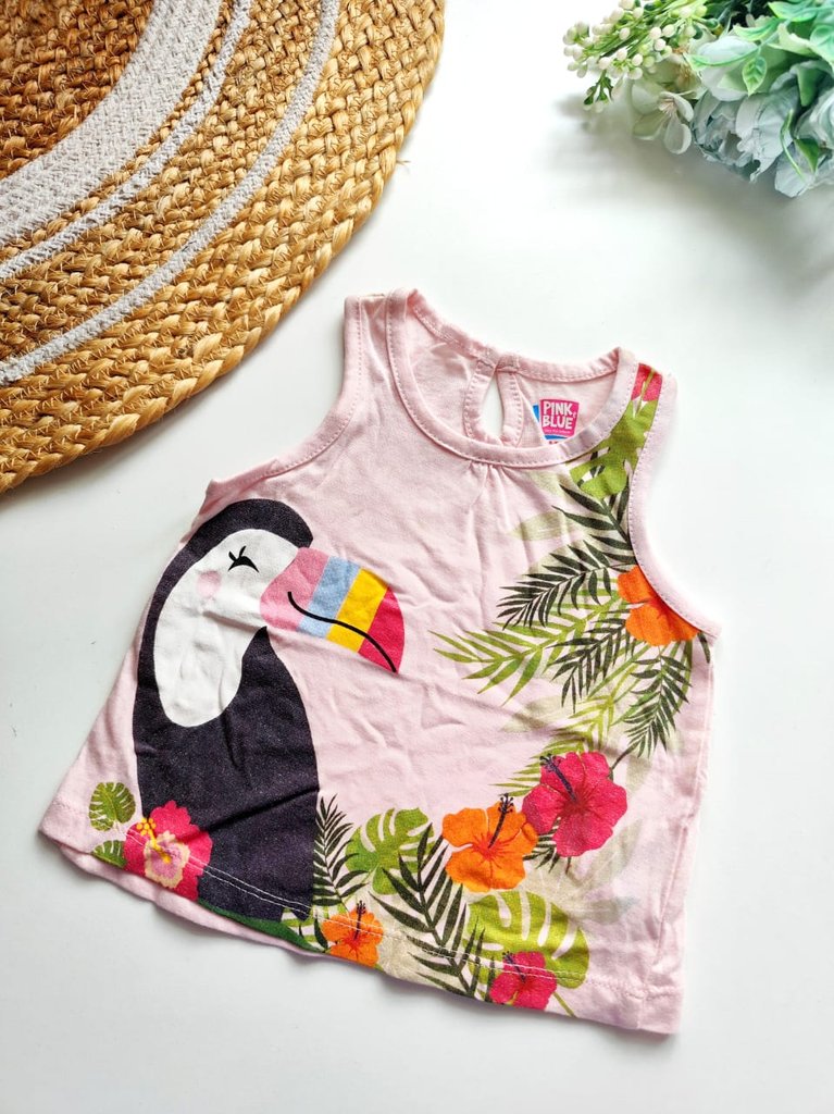 Kids Sleeveless Cotton Top - Pink Toucan Tropical Print