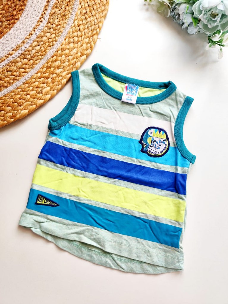 Kids Sleeveless Cotton Top - Multi-Color Stripe with Bird Patch