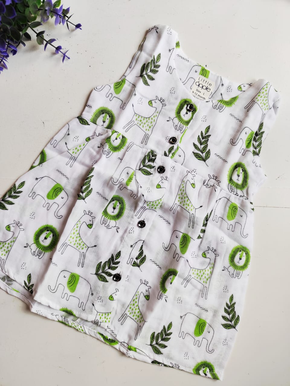 Printed Muslin Frock - Green Animals Print - 6 - 12 M image