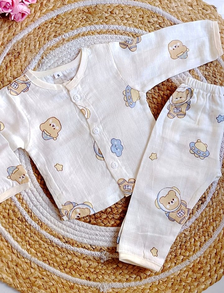 Colored Muslin Night Suits (Affordable Range) - Cream Shade - 0 - 3 M image