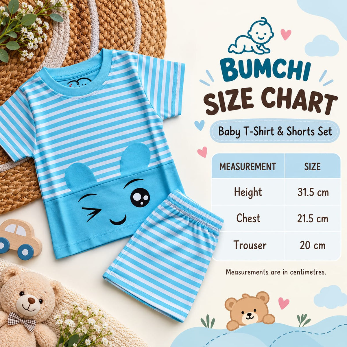 Co ords - Sky Blue Striped Cute Face