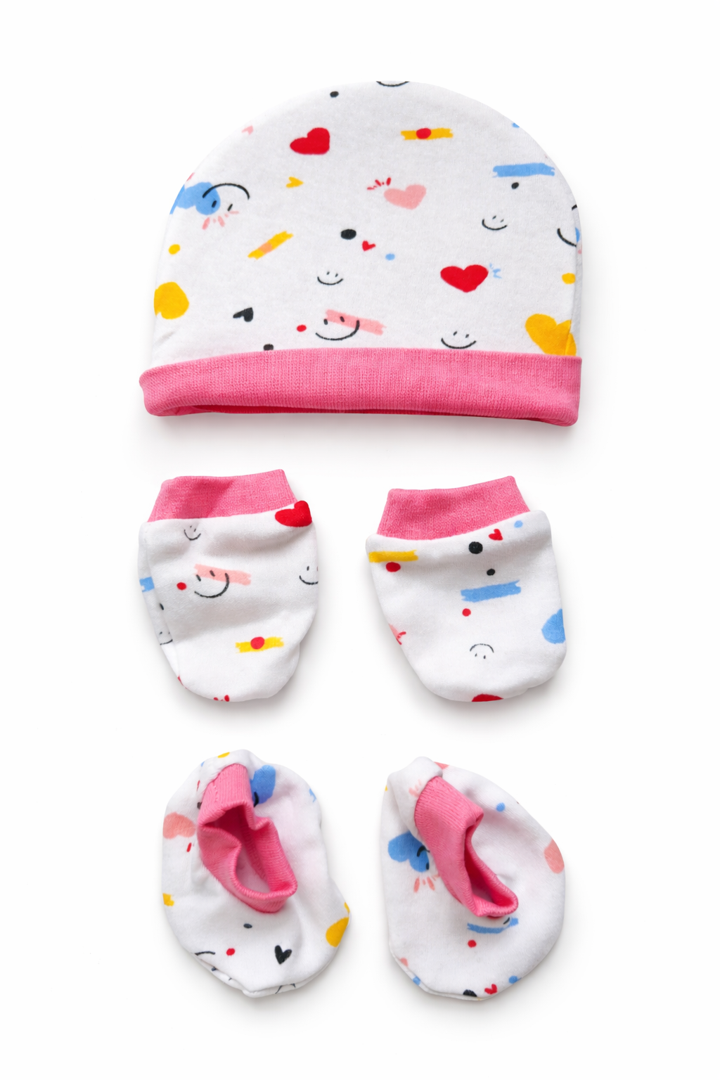 Cotton Cap, Mittens & Booties - Heart Pink