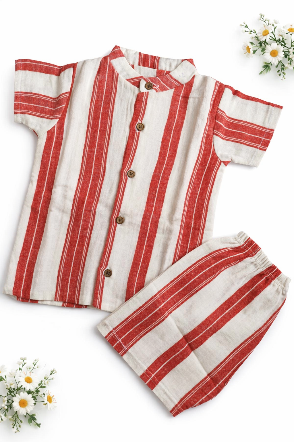 Muslin Collared Co Ord Set - Red Stripes