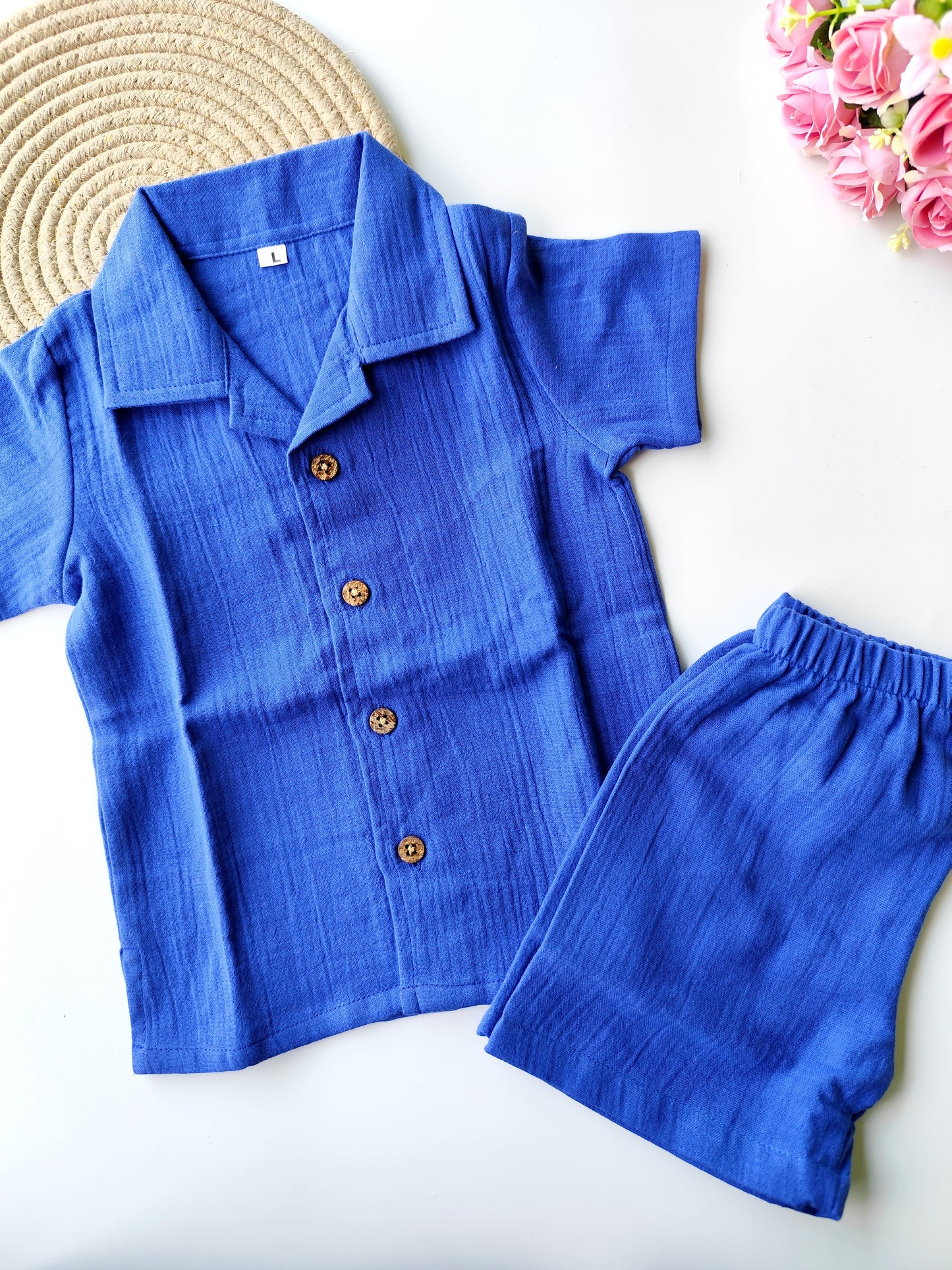 Muslin Cuban Collared Co Ord Set - Pepsi Blue