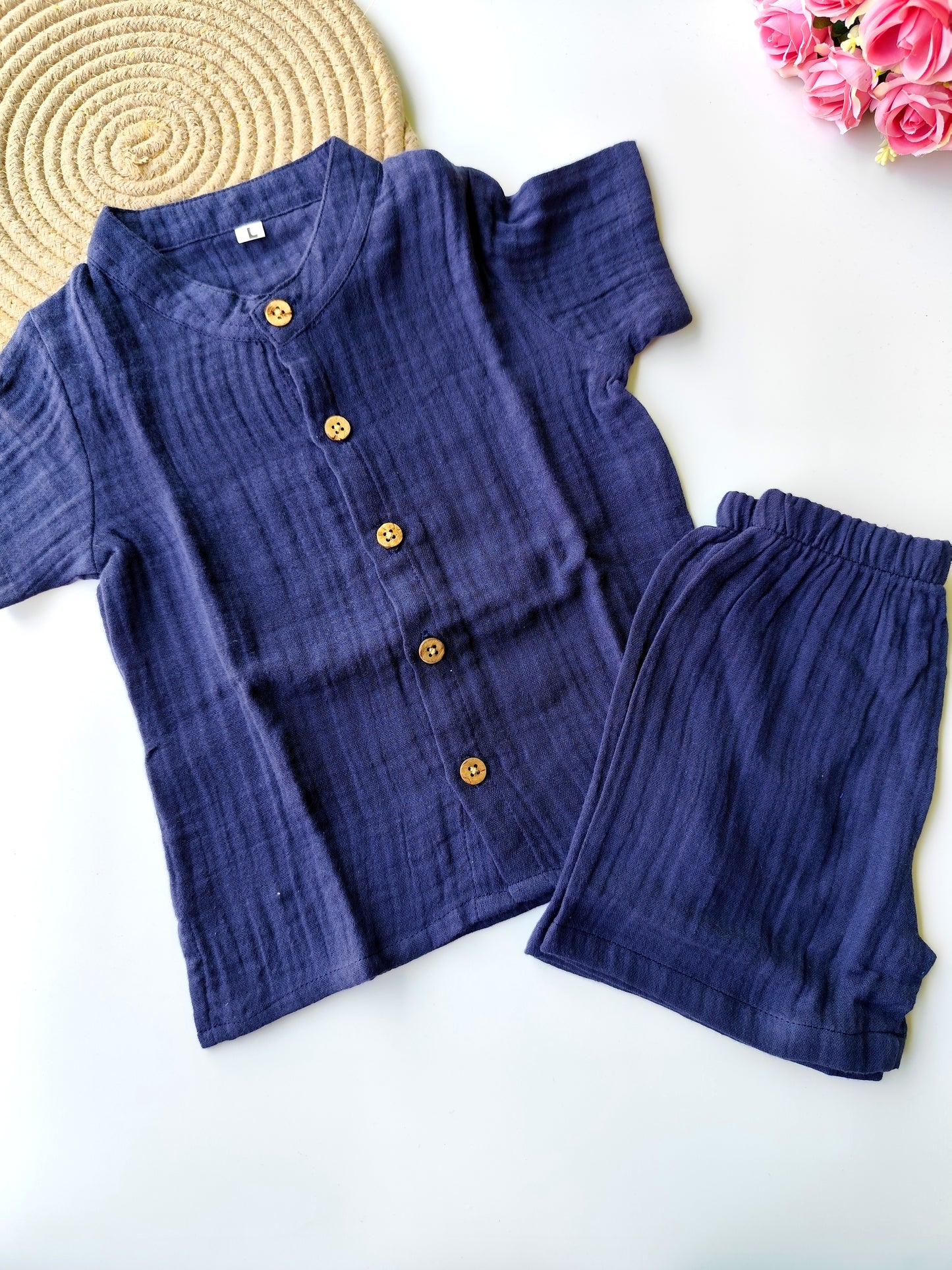 Muslin Mandarin Collared Co Ord Set - Navy Blue