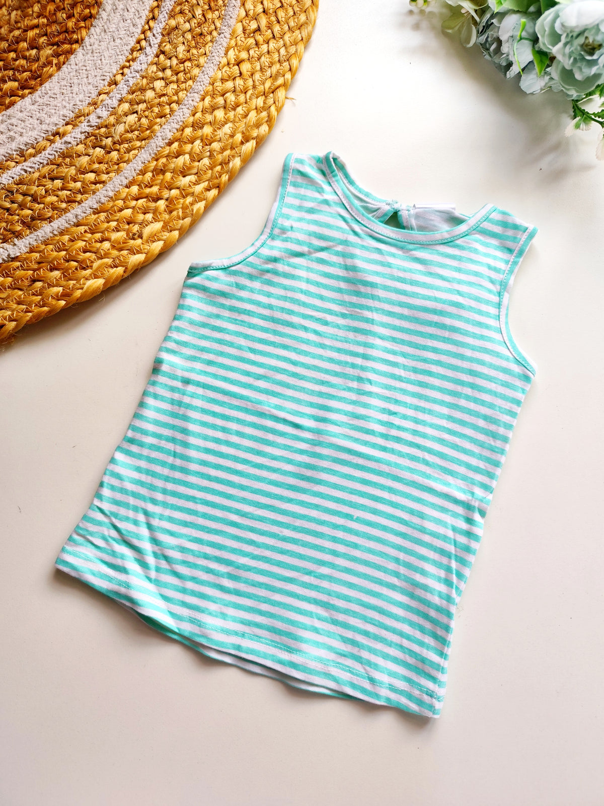 Kids Sleeveless Cotton Top - Aqua Butterfly Print