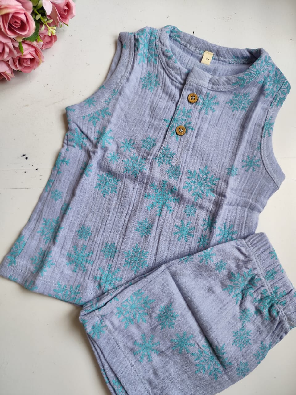 Muslin Unisex Sleeveless Co Ord Set - Grey Blue