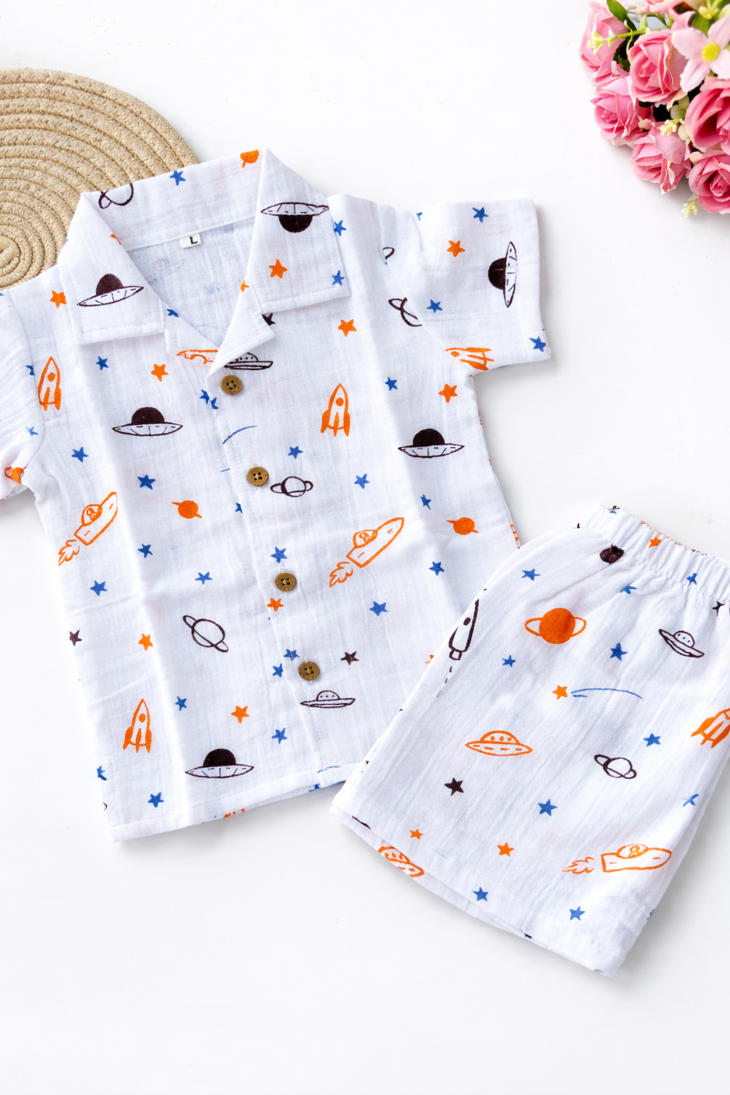 Muslin Cuban Collared Co Ord Set - Orange Space