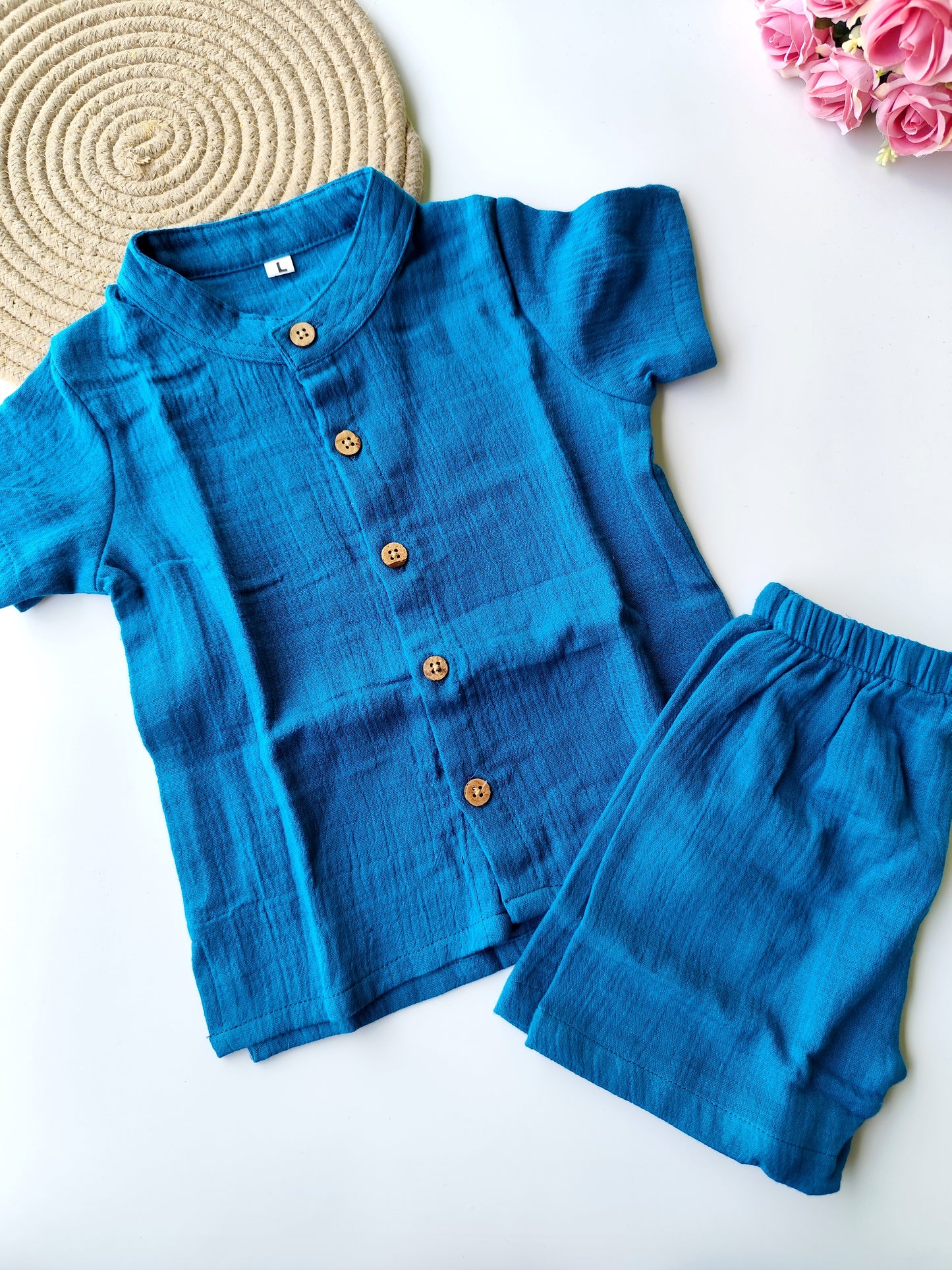 Muslin Mandarin Collared Co Ord Set - Teal Blue
