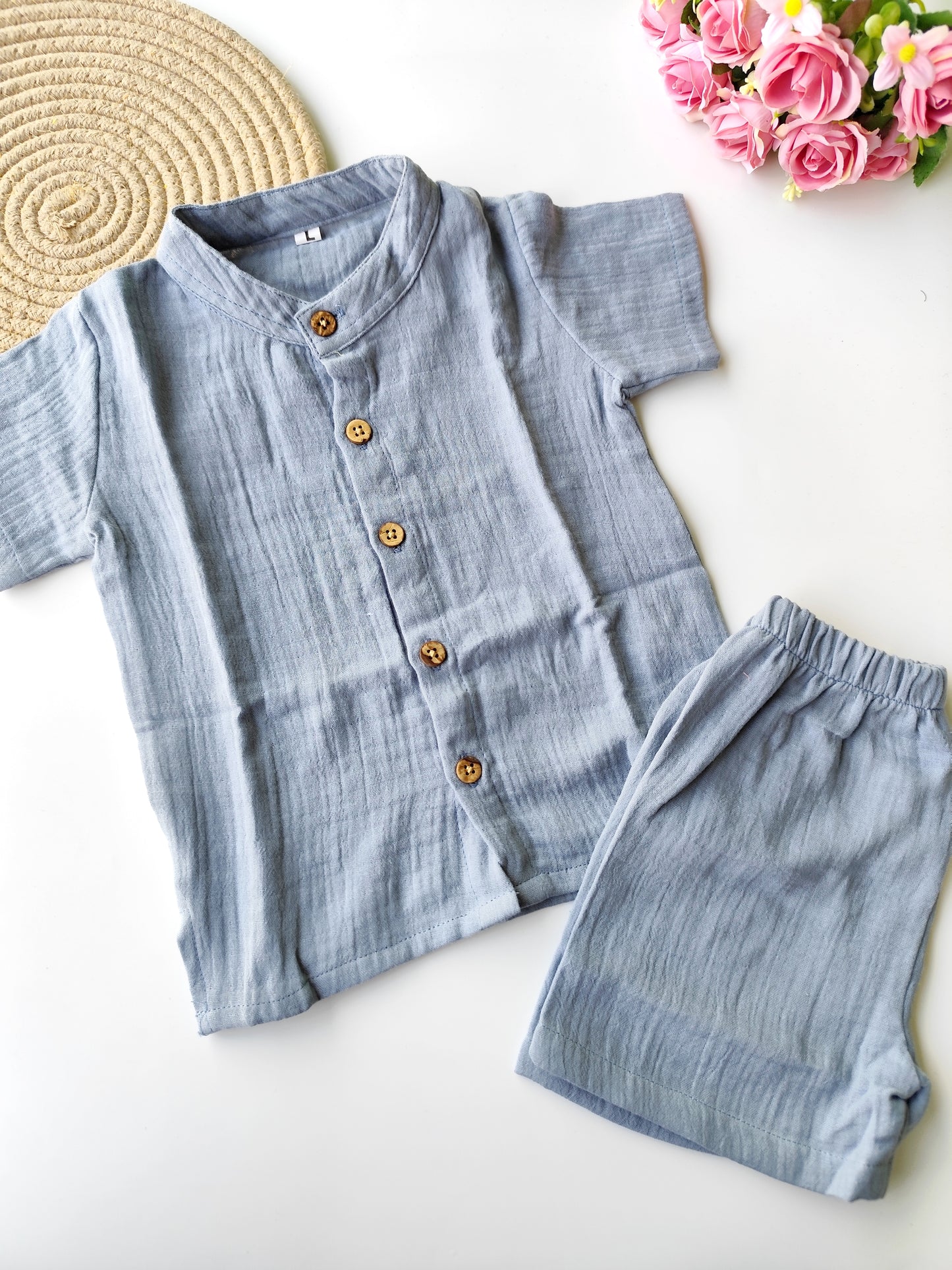 Muslin Mandarin Collared Co Ord Set - Grey
