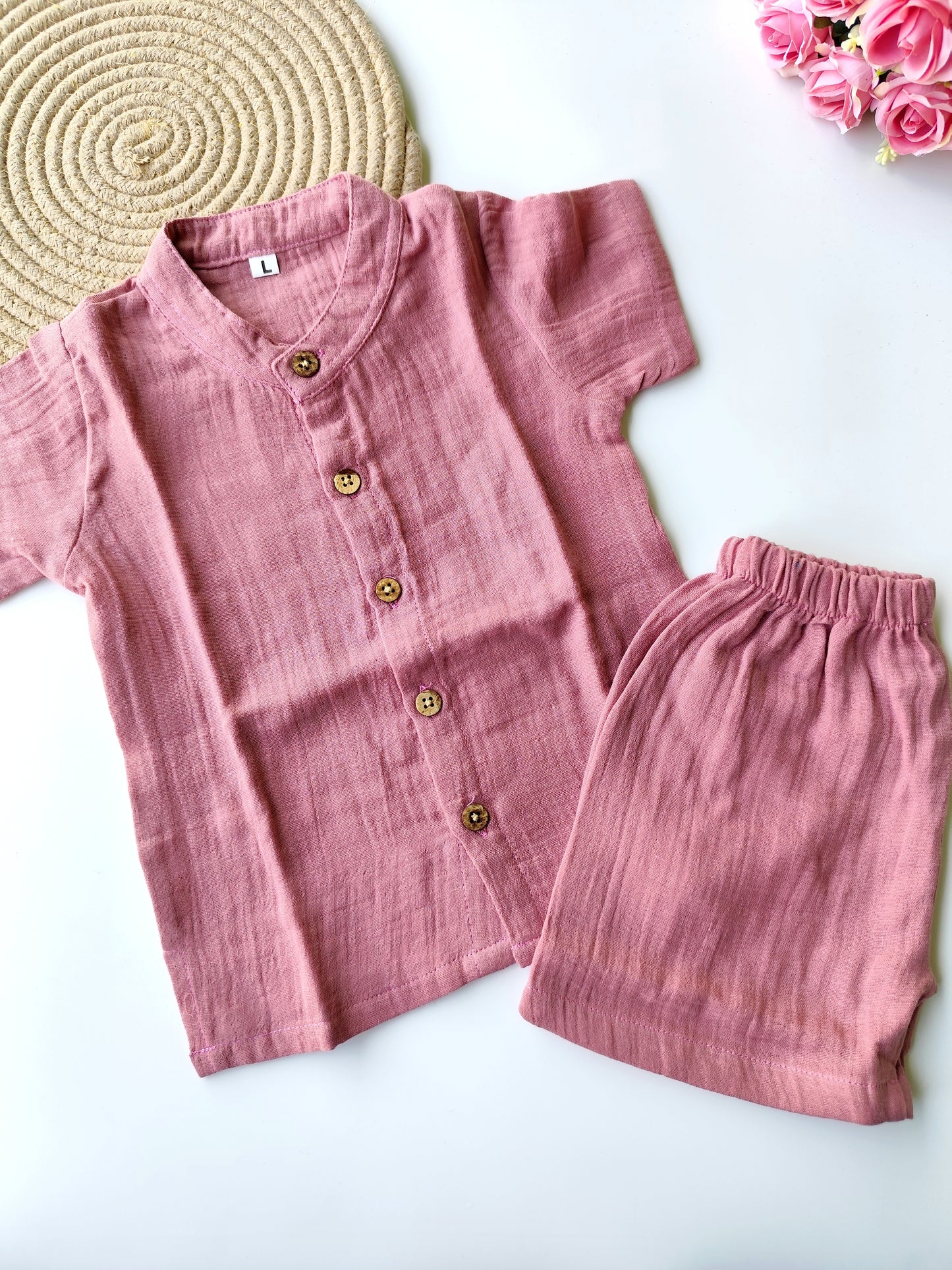 Muslin Mandarin Collared Co Ord Set - Mauve Pink