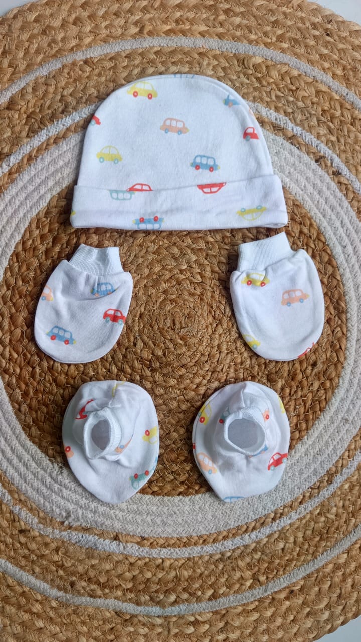 Cotton Cap, Mittens & Booties - Car Print