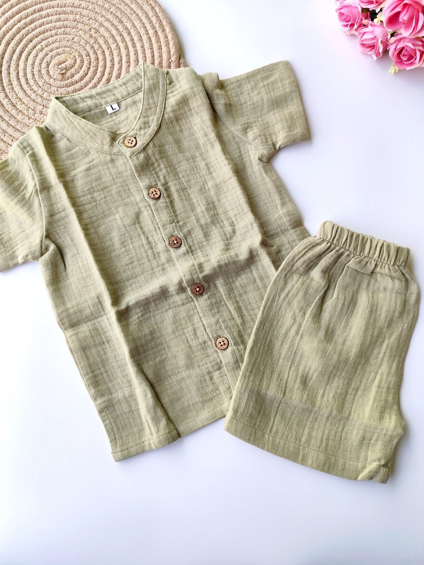 Muslin Mandarin Collared Co Ord Set - Sage Green