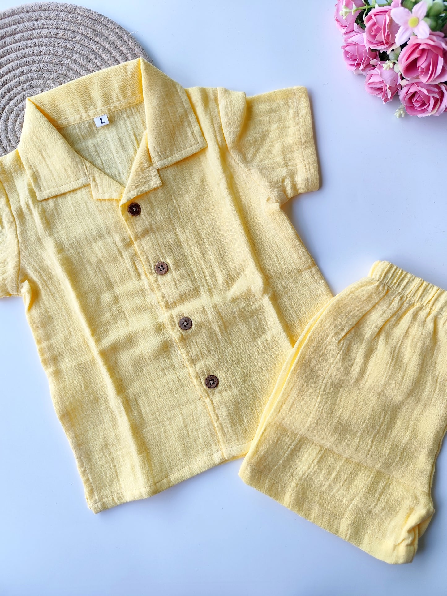 Muslin Cuban Collared Co Ord Set - Yellow