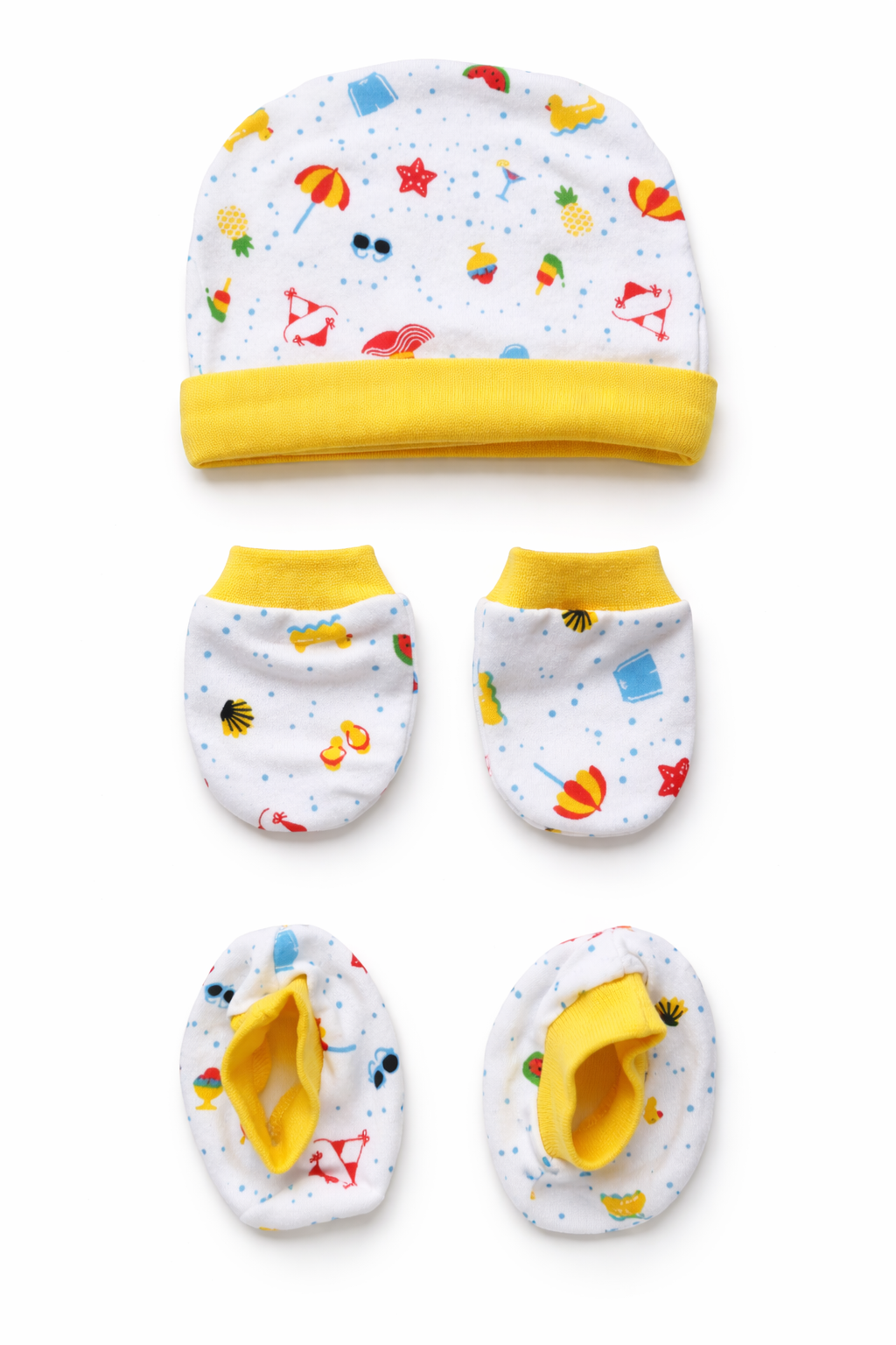 Cotton Cap, Mittens & Booties- Yellow