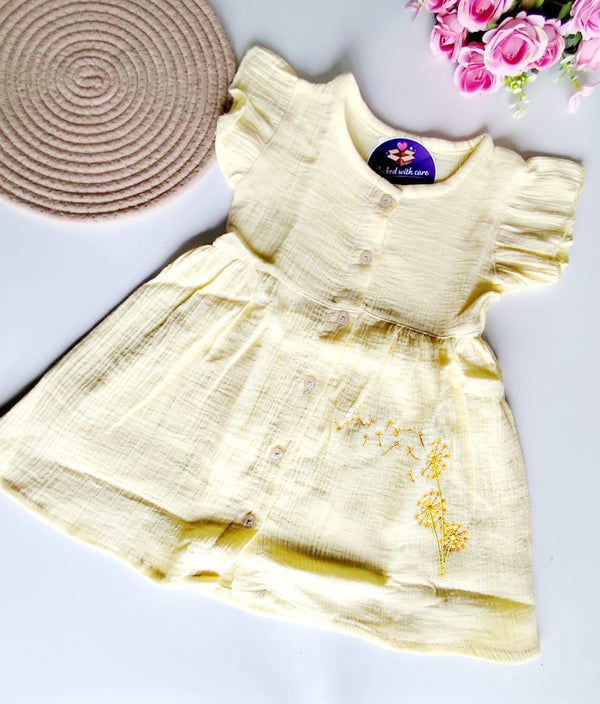 Muslin Frill Sleeve Frock - Creamy Yellow