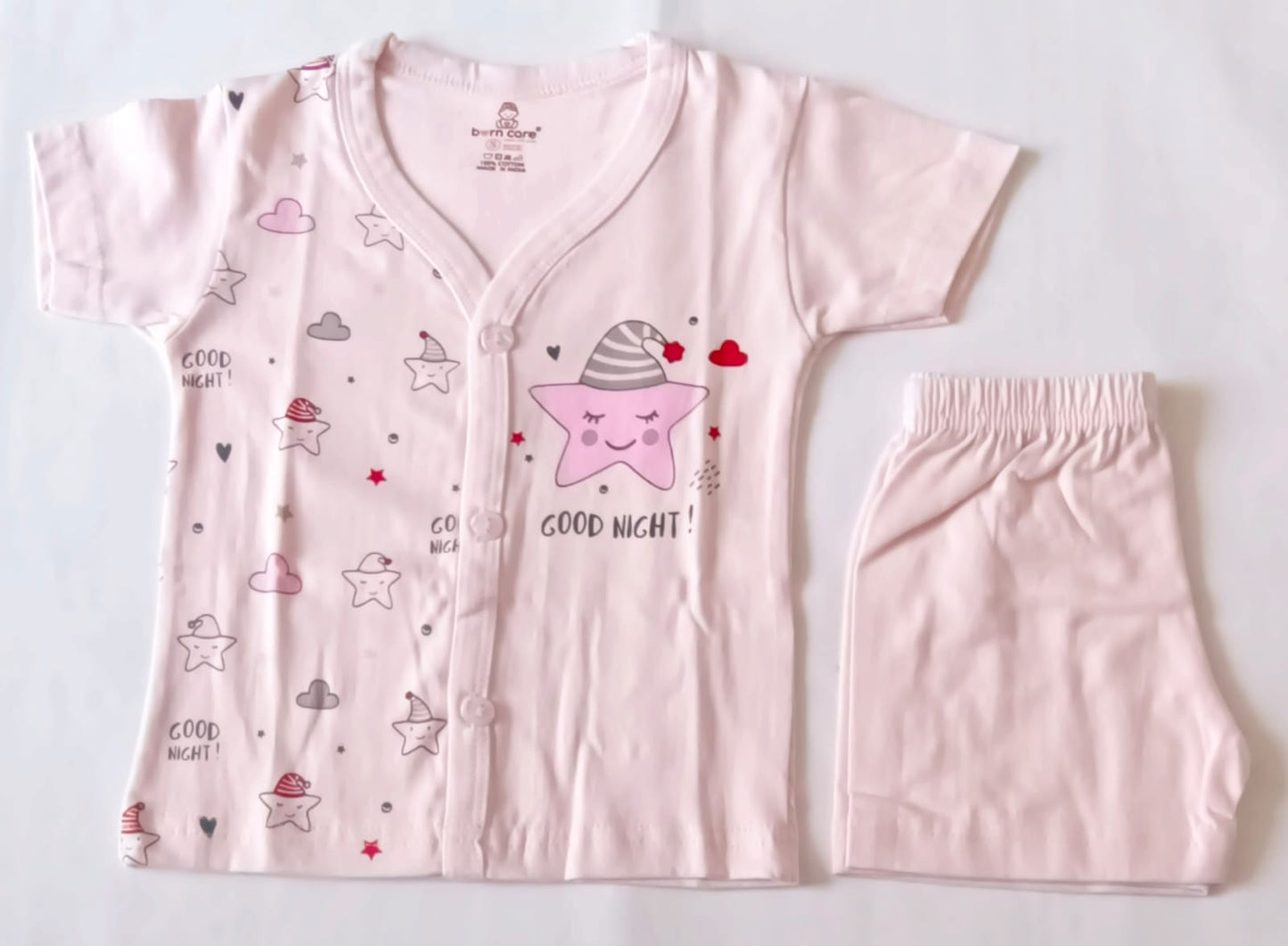 Unisex Cotton T-Shirt Trouser Set - Star Good Night Print - Peach, 0 - 6 M image