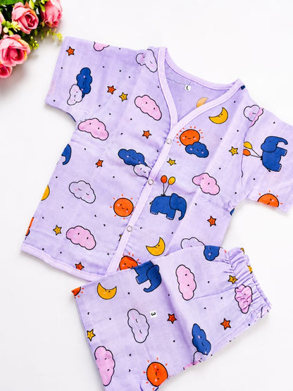 Muslin Colored Co Ord Set - Lilac Elephant