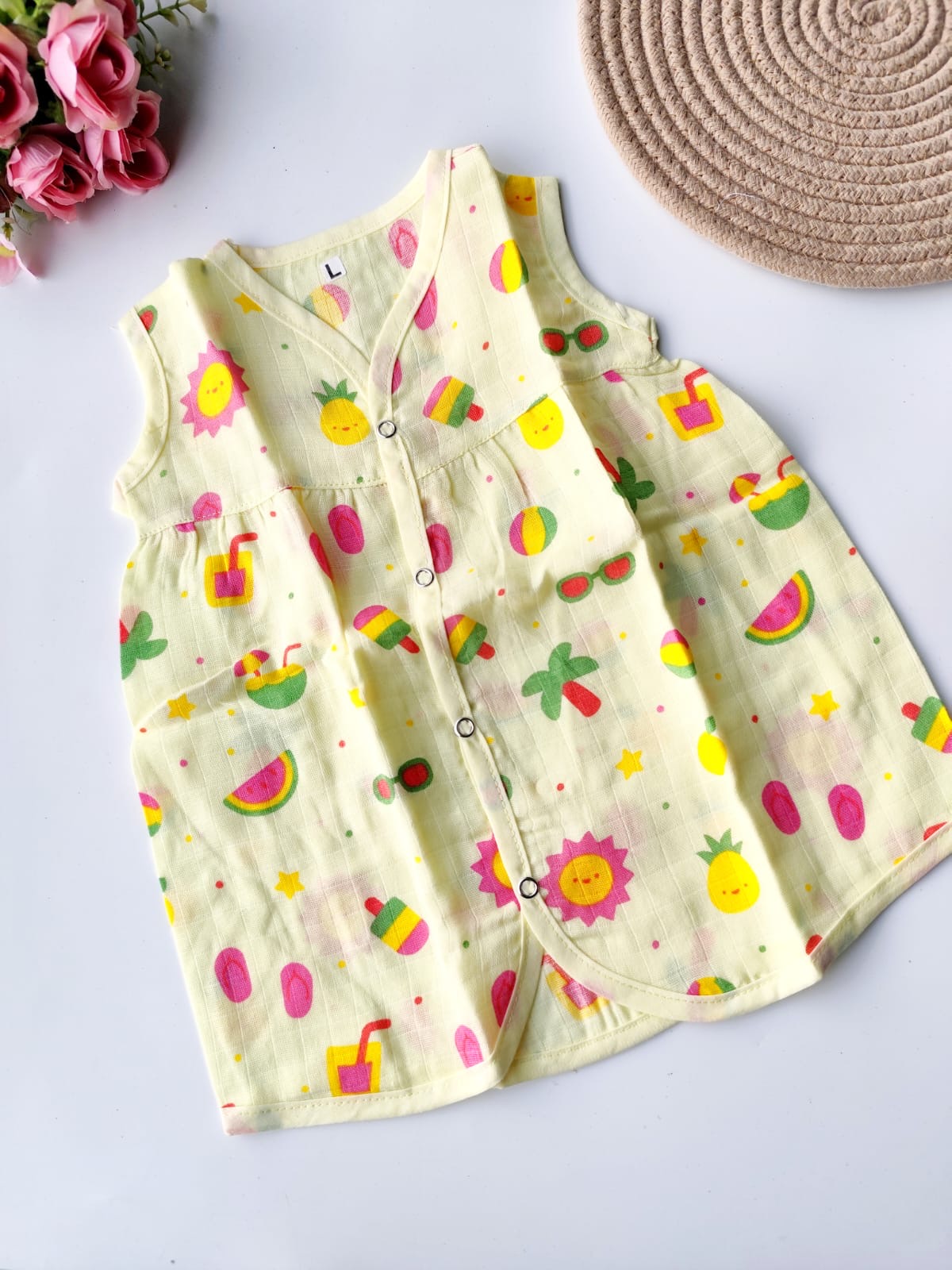 Muslin Colored Chest Cut Frock - Yellow Summer