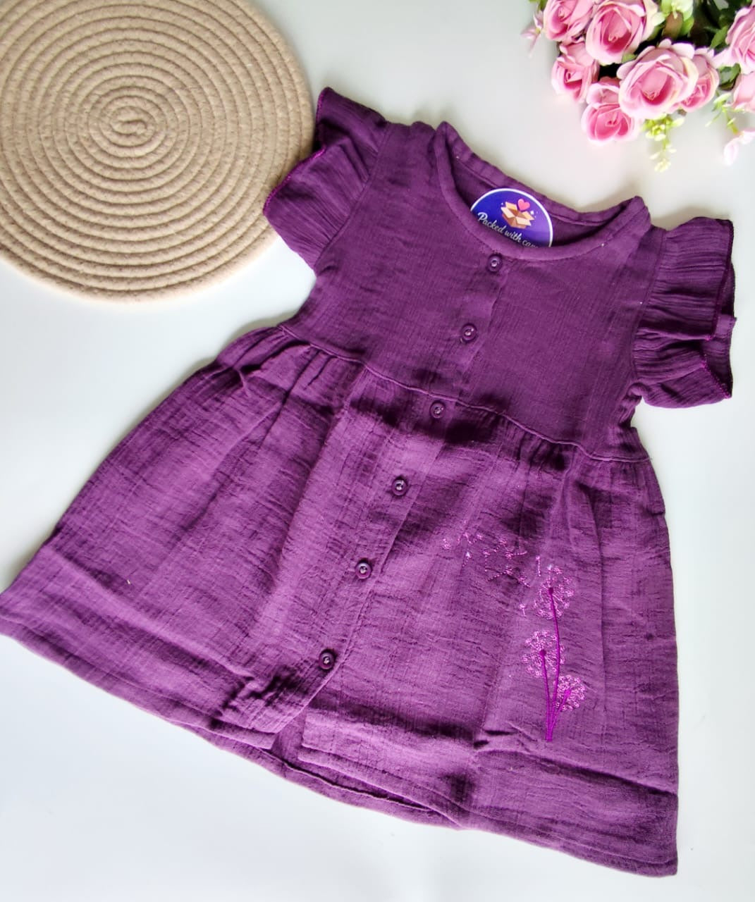 Muslin Frill Sleeve Frock - Purple